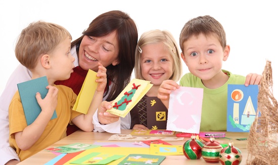 Mom with kids making crafts