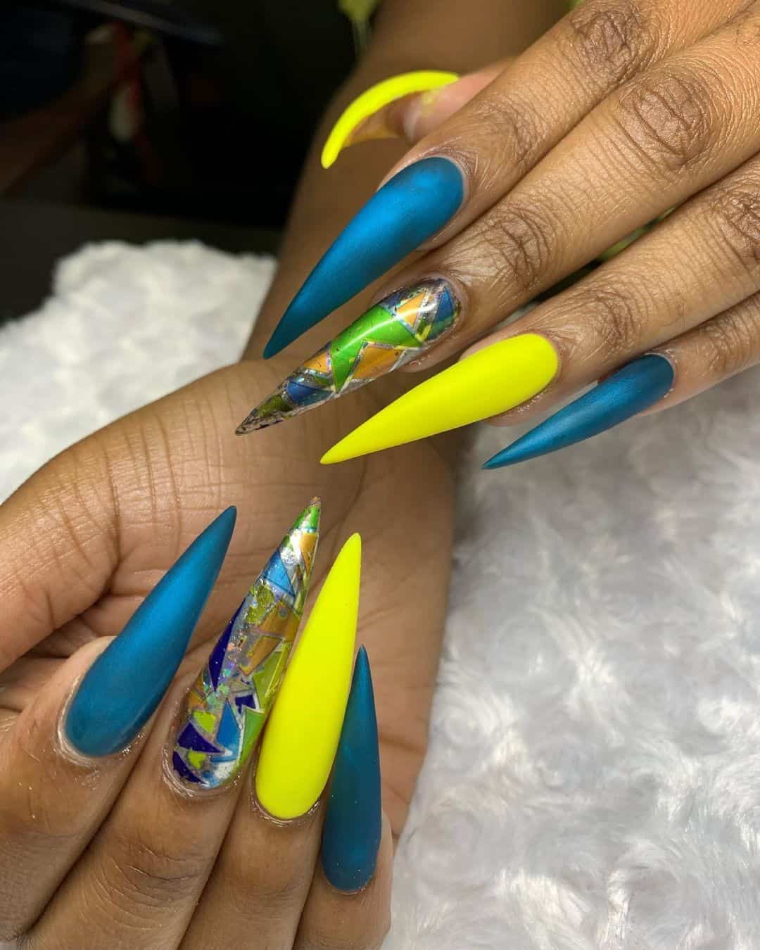 Acrylic Long Blue & Yellow Stiletto Nails 