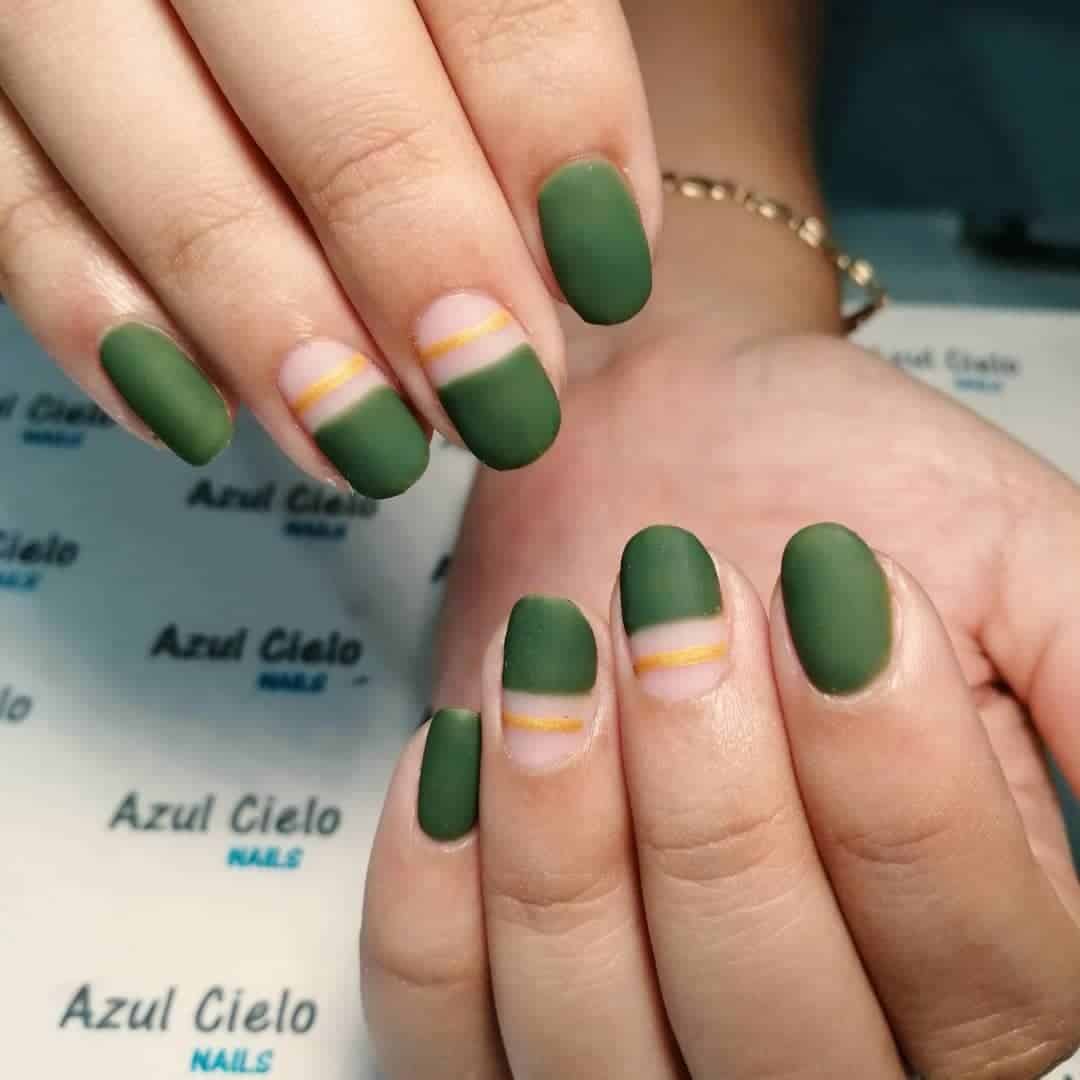 Green Nails With Yellow Pop Of Color 