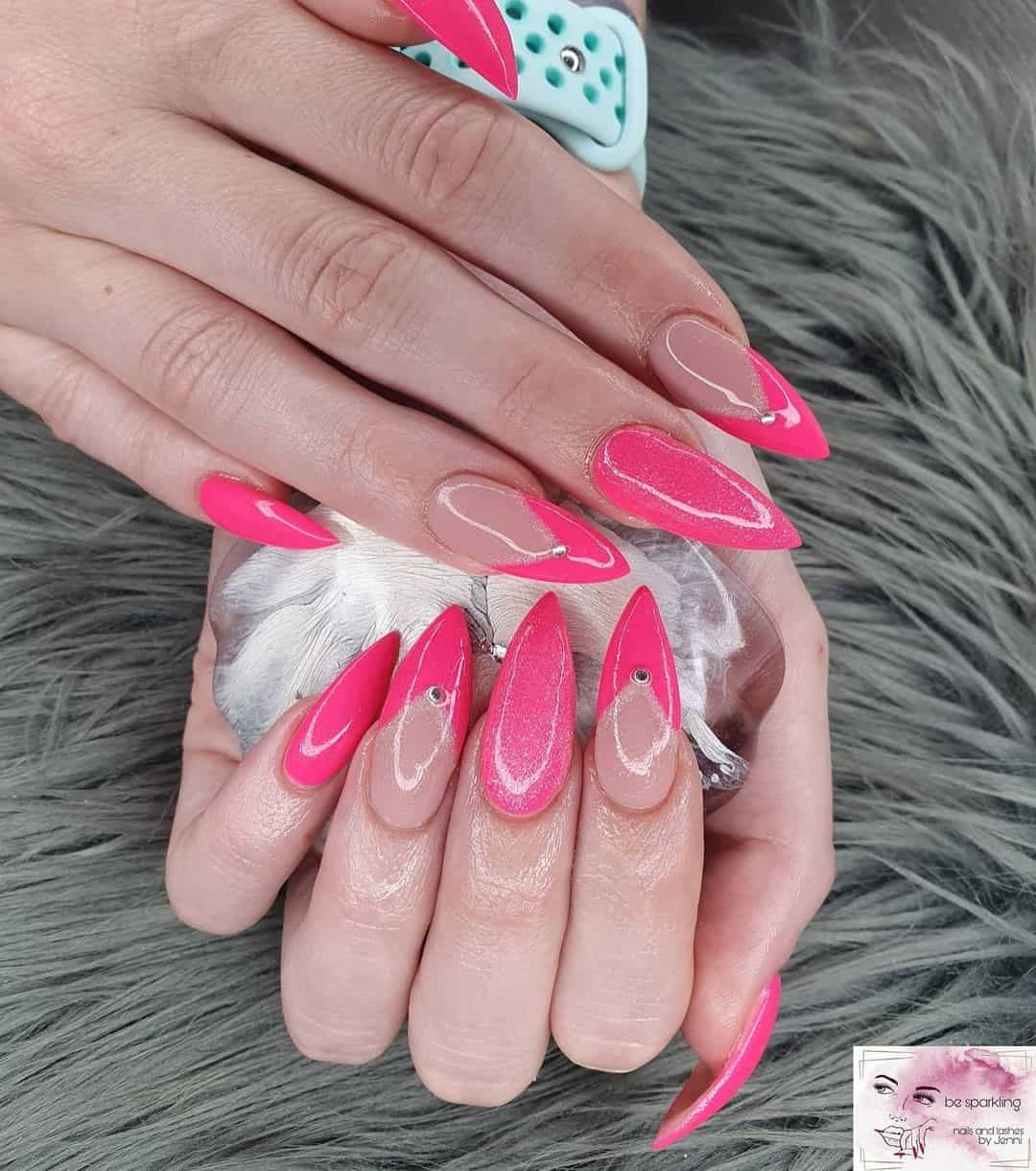 Hot Pink French Manicure Stiletto Nails 