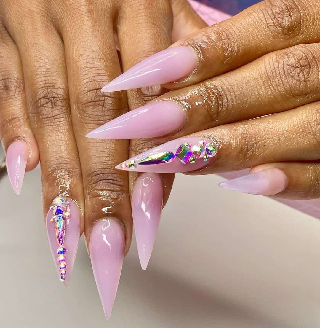 Long Acrylic Stiletto Nails With Gemstones