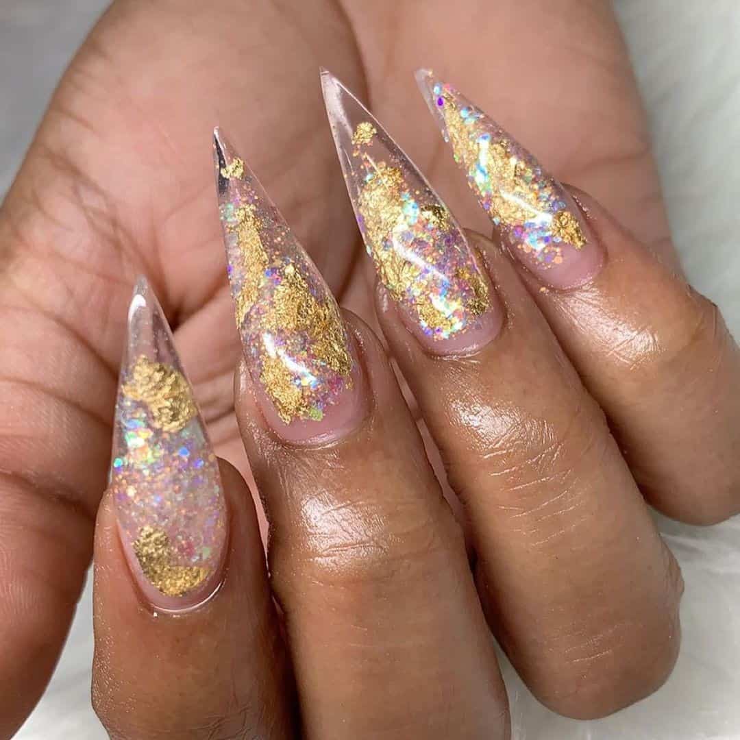 Long Golden Acrylic Stiletto Nails 