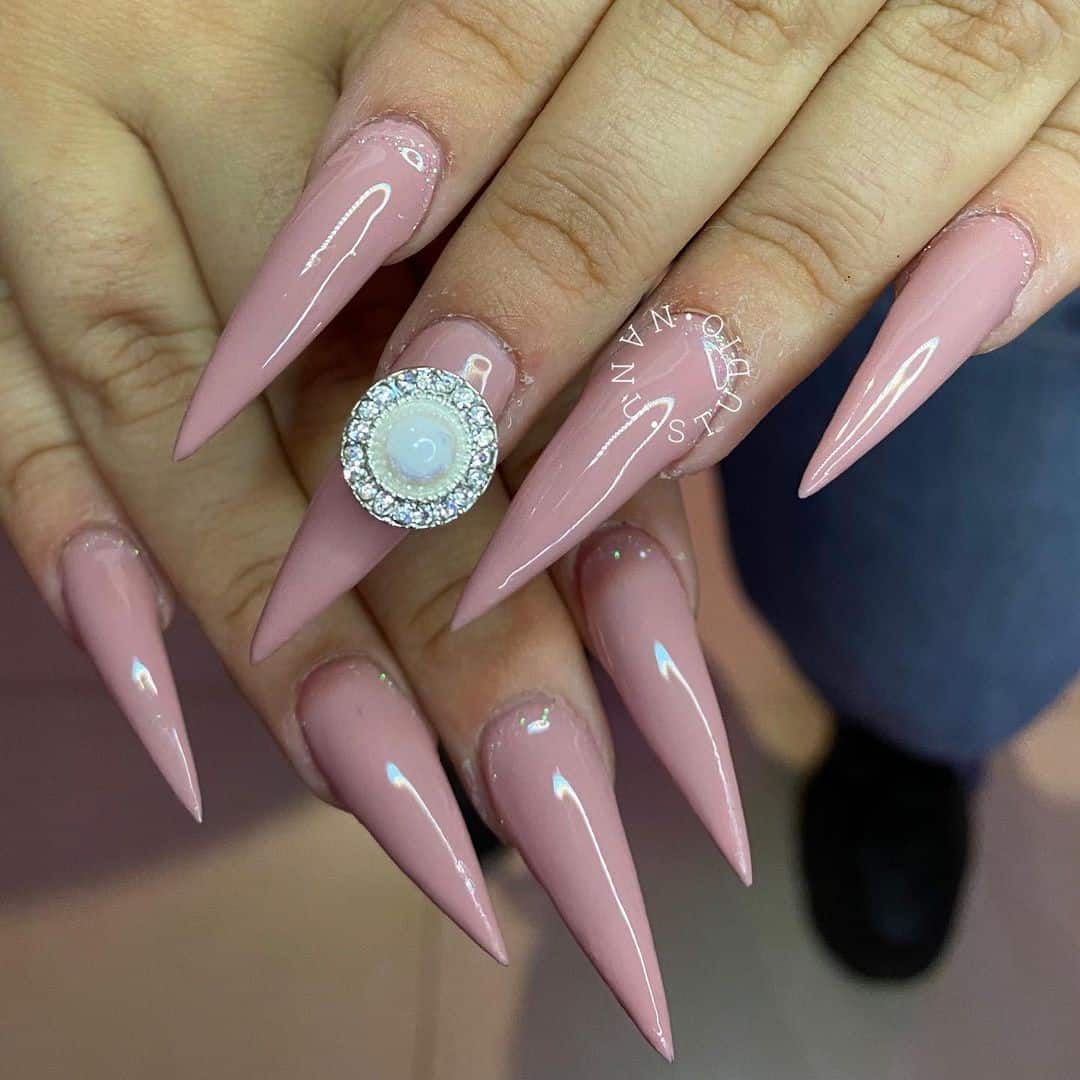 Long Nude Acrylic Stiletto Nails 