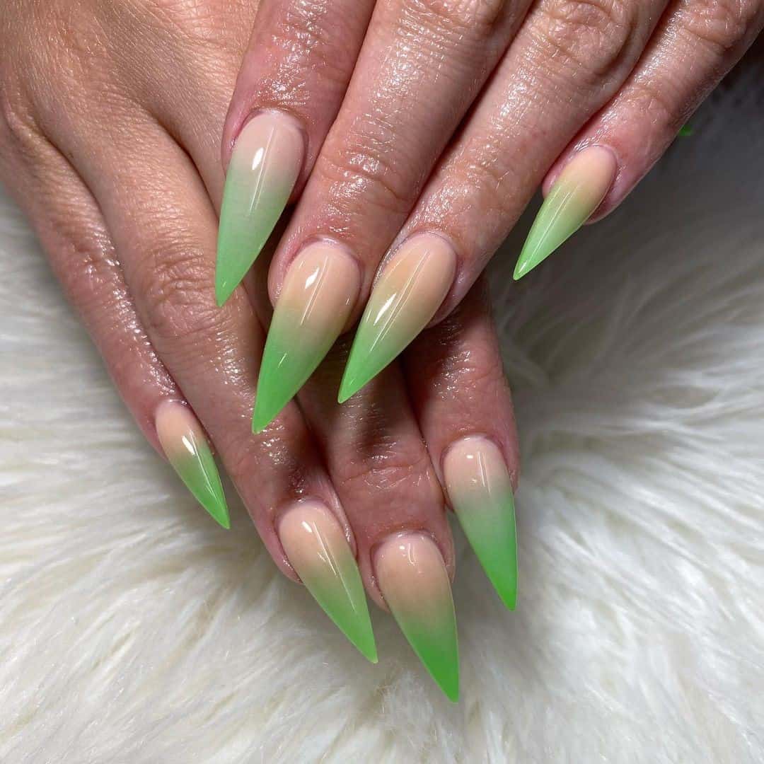 Long Stiletto Shaped Nails Green Ink 