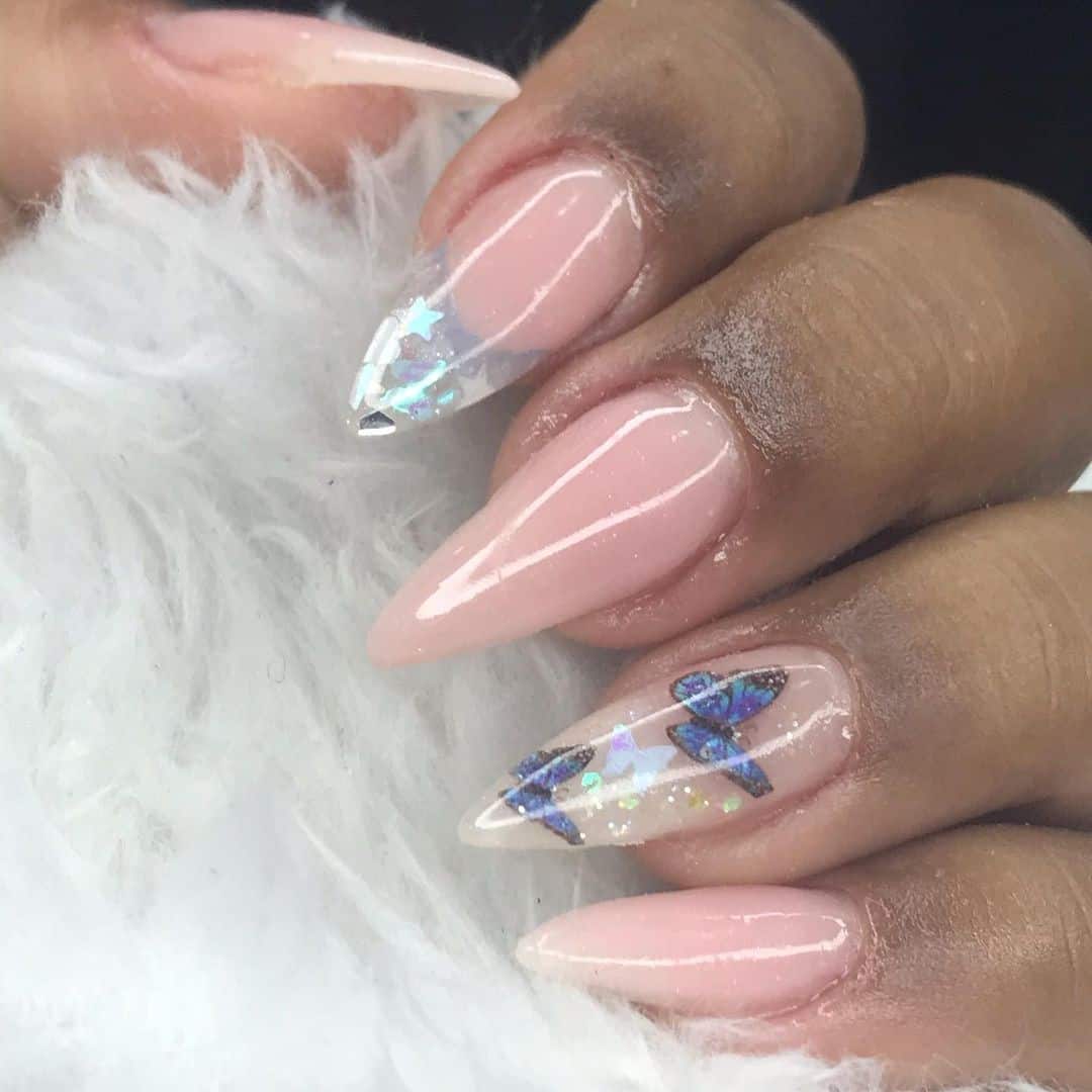 Nude Stiletto Nails With A Pop Of Glitter 